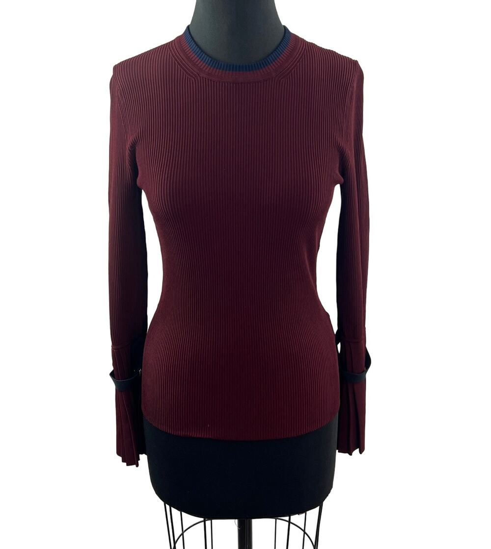 3.1 Phillip Lim Burgundy Ribbed Top Long Sleeves Pleated Cuffs Crewneck Size S